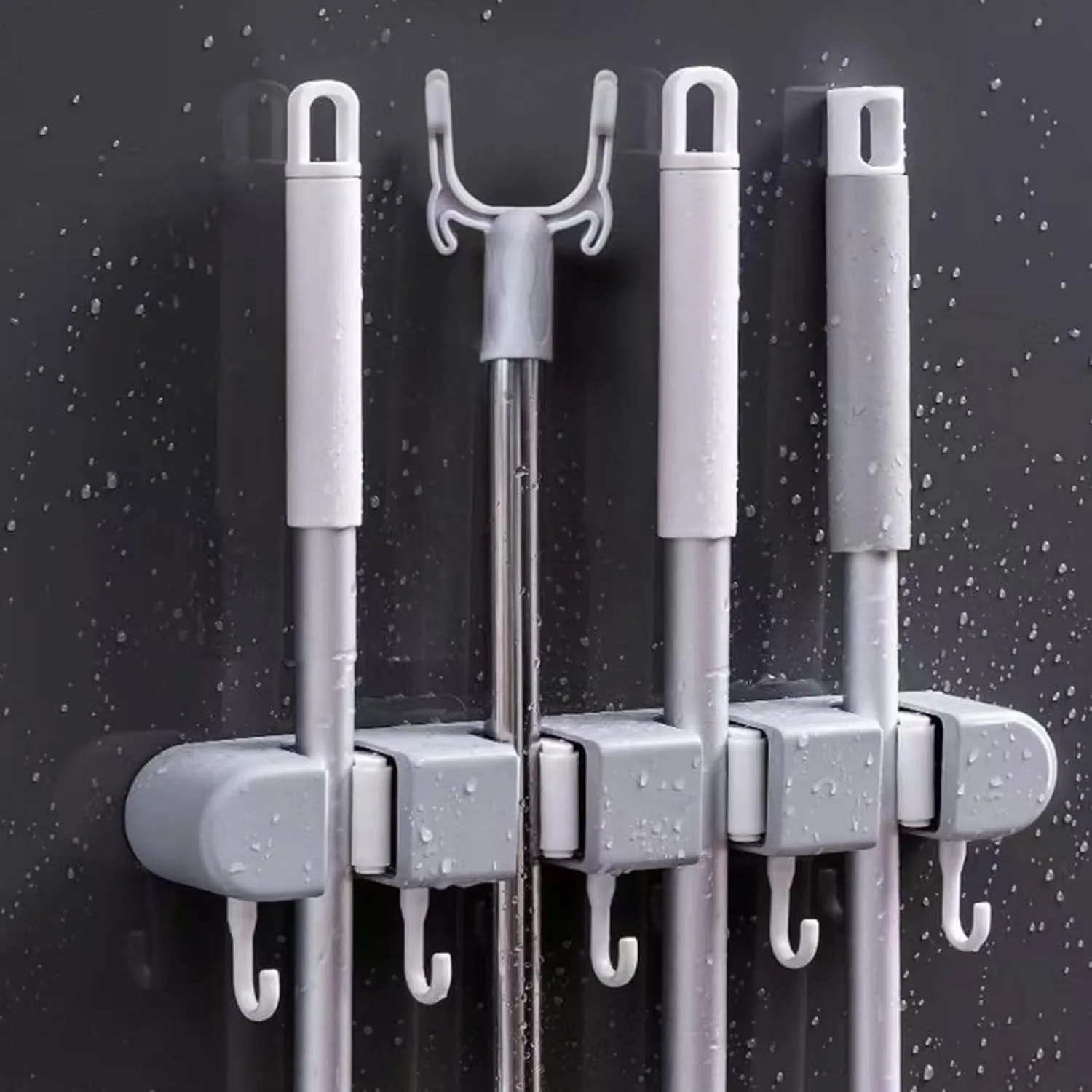 Broom Mop Holder Wall Mount, Hanger Storage Organizer with Hooks and Slots for Home, Kitchen, Garage, Garden, Laundry Room, Bathroom Organization and Storage(4 Racks 5 Hooks) (Gray)