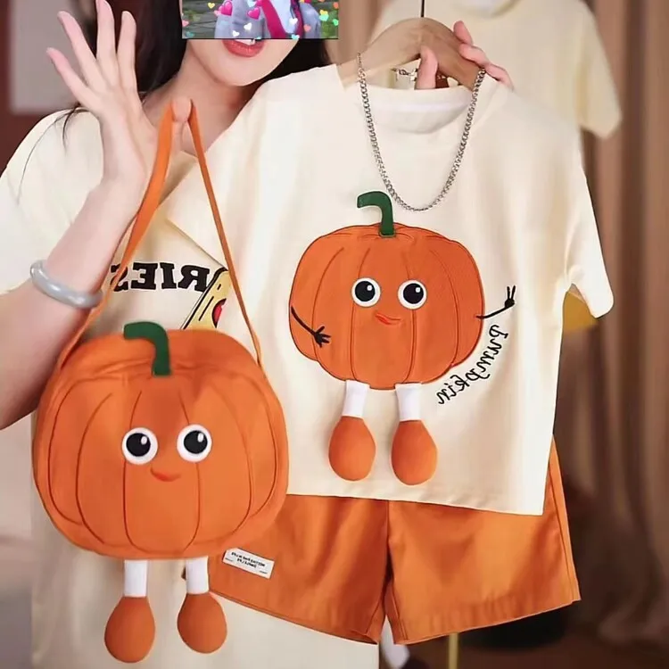 

Fashionable Pumpkin Set 2024 New Style Short Sleeve Girls Boys Summer Outfit Two-Piece Suit Little Girl Cute Clothes
