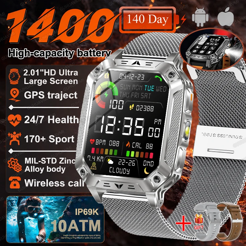 2026 Nieuwe 1400mAh Batterij Smart Watch GPS-pad Bluetooth Oproep 10ATM Waterdicht Zwemmen Sport Hardlopen Wandelen Buiten Militaire Smartwatch