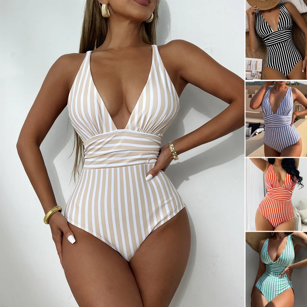 

Women Slimming Swimwear Beachwear Bathing Suits V-Neck Backless One-Piece Swimsuit with Vertical Stripes Swimsuits