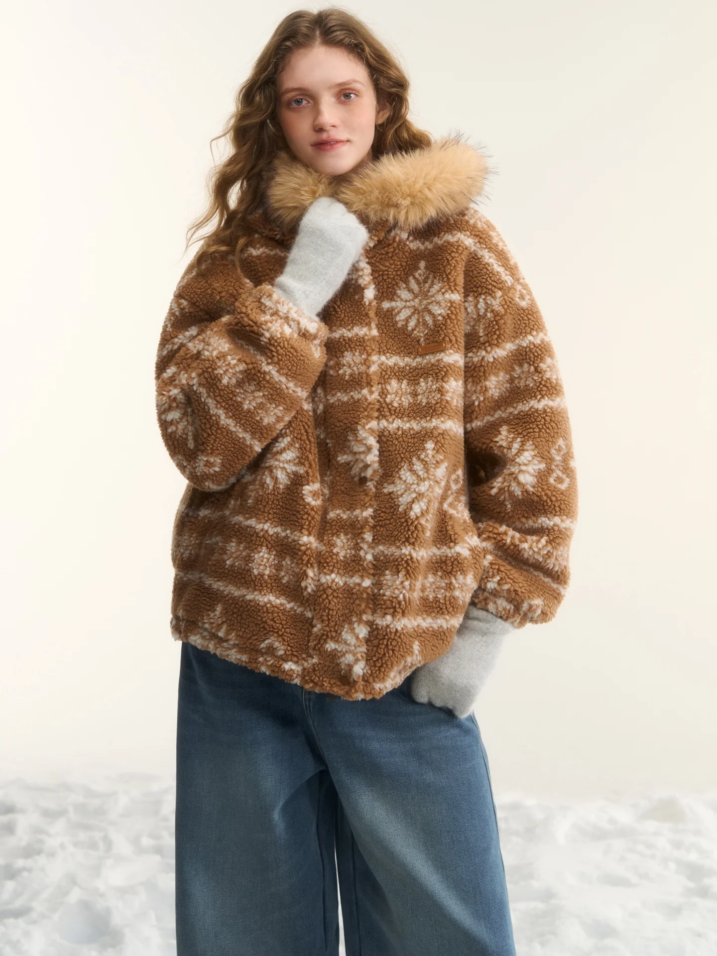 

AsGony Faux Fur Collar Oversized Hooded Fce Jaet Brown Lamb Fur Coat Warm Vintage Sle Women's ort Outerwear