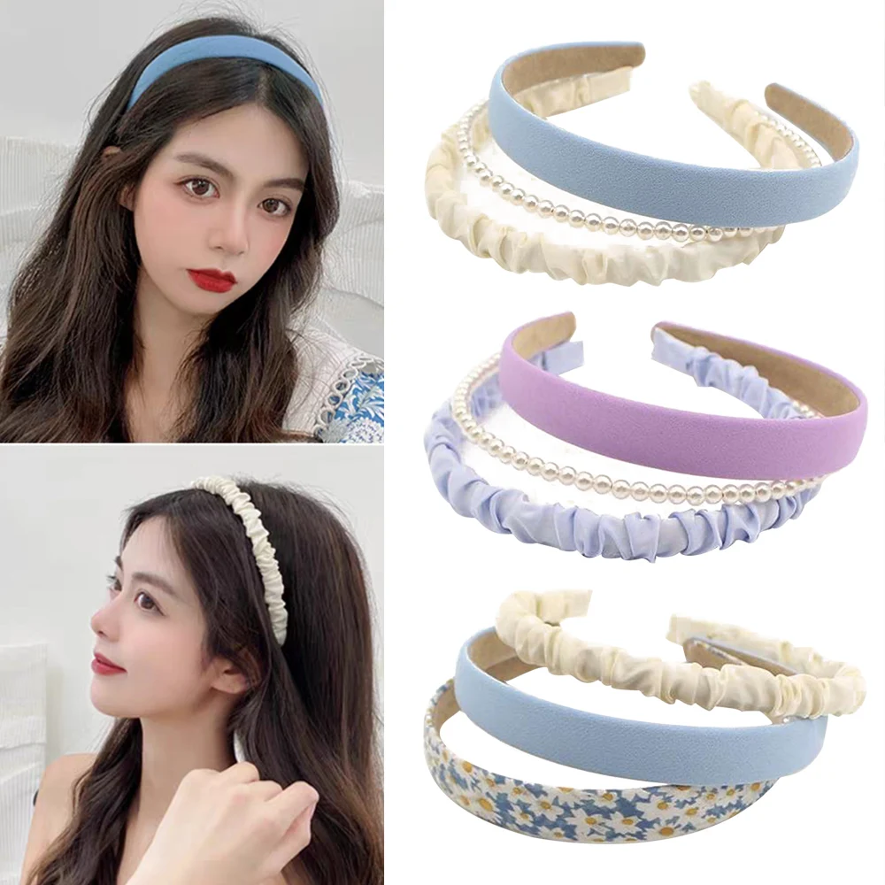 

3PCS Simple Non-slip Make-up Hairbands Headbands Set Cloth Fabric Head Hoop Floral Print Pearl Hair Hoop Hair Accessories