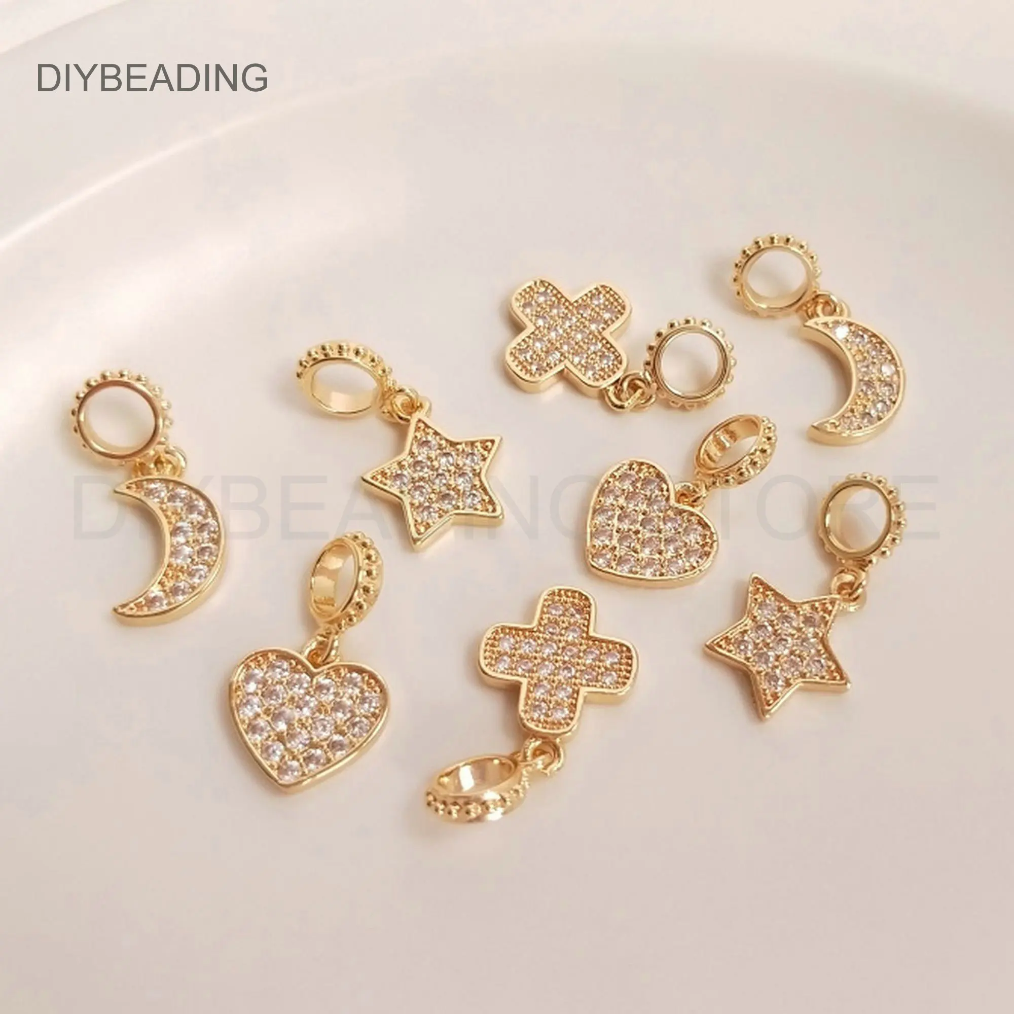 Cubic Zirconia Charms Lots Supplies 14K Gold Plated Brass and Rhinestone Star/ Heart/ Crescent/ Flower Finding Bulk Wholesale