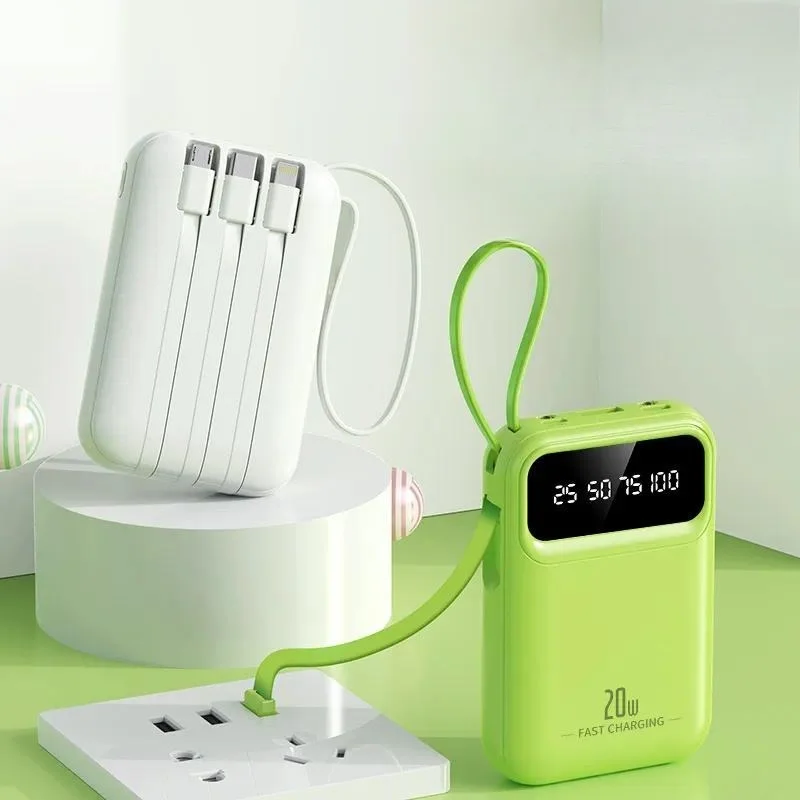 Factory New 20000mAh Mini Power Bank with Built in Cable Large Capacity Portable Mobile Charger for Wholesale Custom Printing