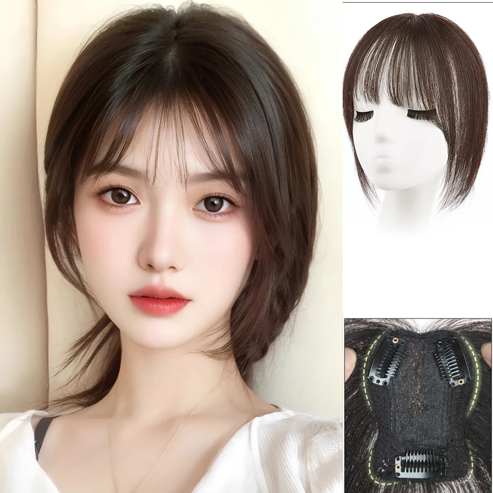 Clip in Bangs Real Human Hair Hand Tied French Bangs Clip on Bangs Hair with Full Temples Natural Thick Volume Fringe for Women