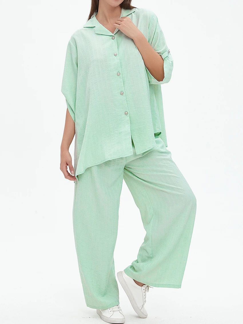 

WXOY Women 2 Piece Pajamas Set Sleepwear Loungewear Soft Turn Down Short Sleeve Shirt Loose Wide Leg Pants Homewear Sleepwear