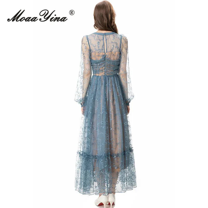 MoaaYina Autumn Fashion Designer Beige Vintage Mesh Dress Women O Neck Embroidery Beading Bow Ruffles High Waist Slim Long Dress