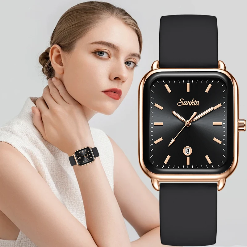 Sunkta Modische Elegante Damenuhr Quadratisch Luxuriös Retro Silikonarmband Automatisches Datum Casual Wasserdicht Leuchtende Quarzuhren für Herren