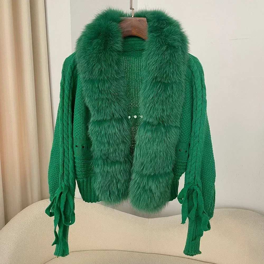 2024 Winter Neue Mode Stricken Strickjacke Knopfleiste Mantel Frauen Casual Echt Fox Pelzmantel Kurze Warme Gestrickte Jacke mit Natürlichen Pelz