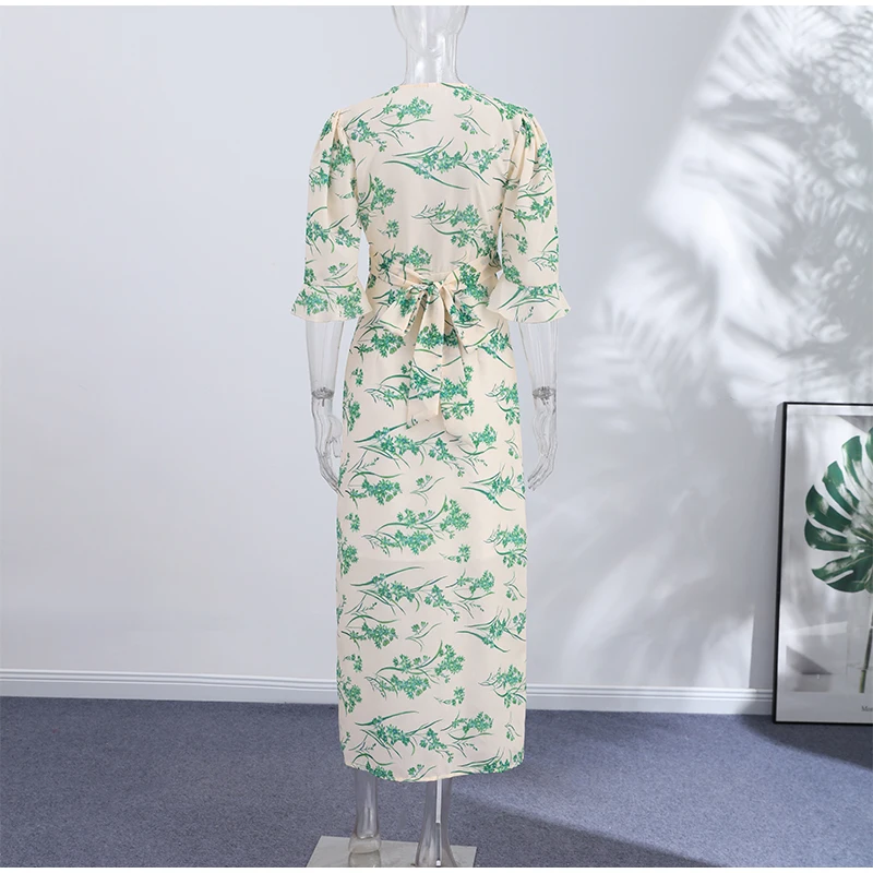 Elegant Ruffle Women's Long Dresses V Neck Half Sleeve Button Waist Cinching Pleated Dress 2026 Spring Lady Fashion Party Robes