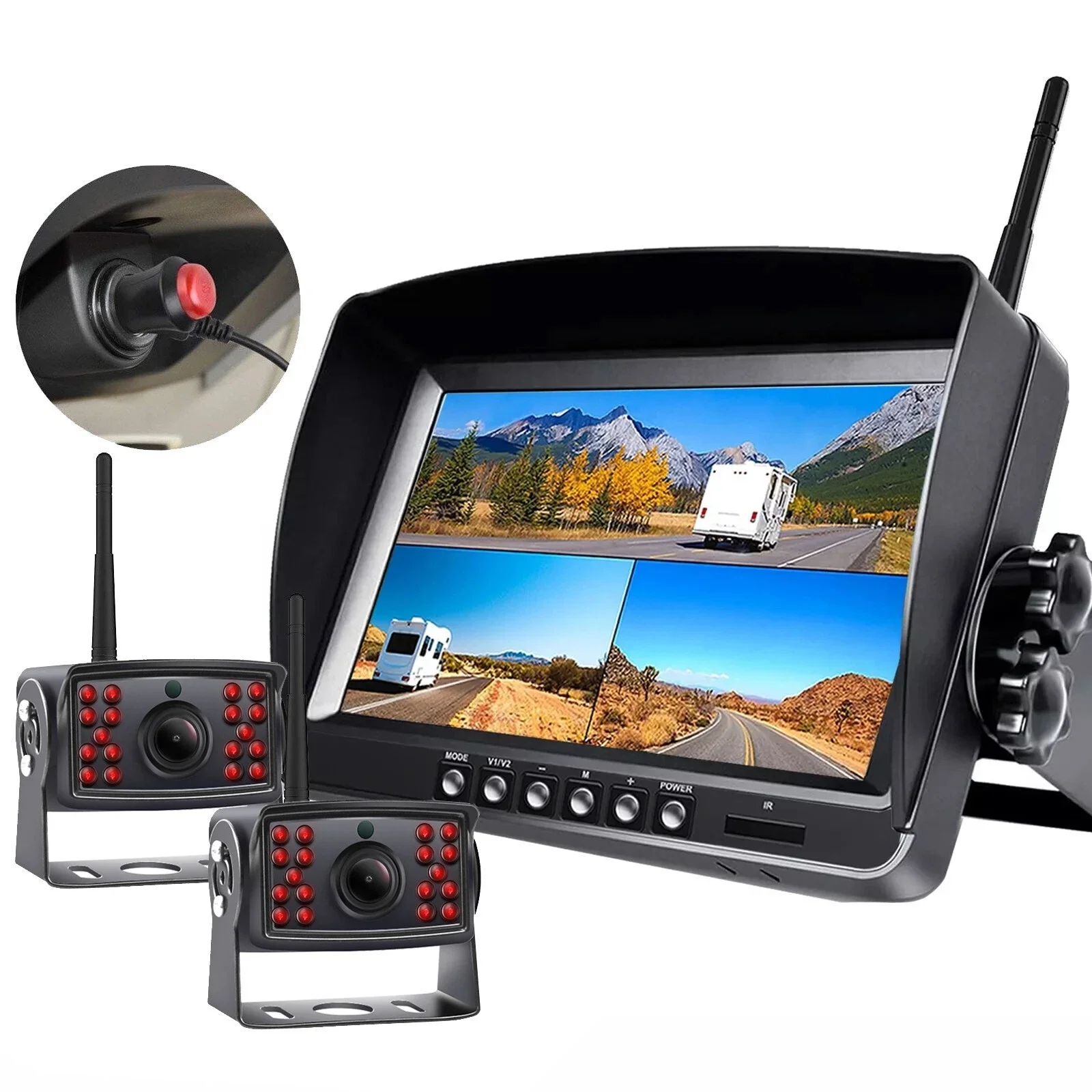 

Digital Wireless 9" DVR Quad Monitor Split Screen 2x 1080P Reversing Backup Camera 12-36v for Trailer Caravan Rv Truck
