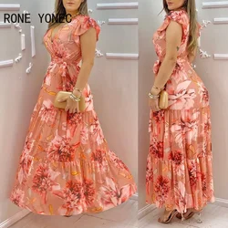 Women V-Neck Ruffles Sleeve Floral Print Chiffon Dress Maxi Dress Vacation Dress 2021