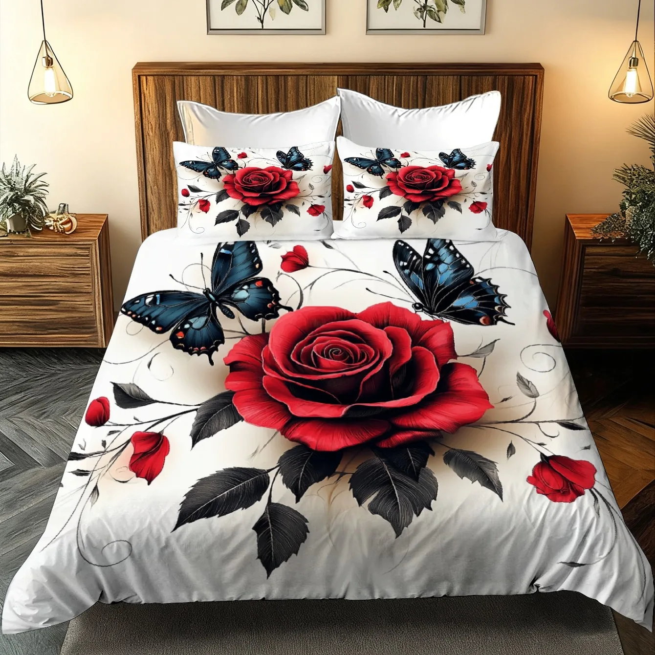 White And Red Rose Butterfly Print Duvet Cover Set Birthday Gift Comfortable Bedroom Bedding with 1 Duvet Cover And 2 Pillowcase