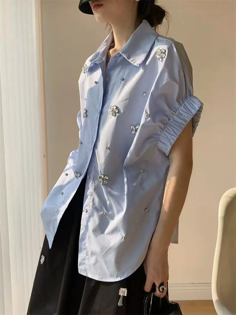 Luxury Design Sparkle Diamonds Embroidery Cotton Short Sleeve Blouses Shirts Women 2025 Spring Summer New Fashion Trend Tops - Image 5