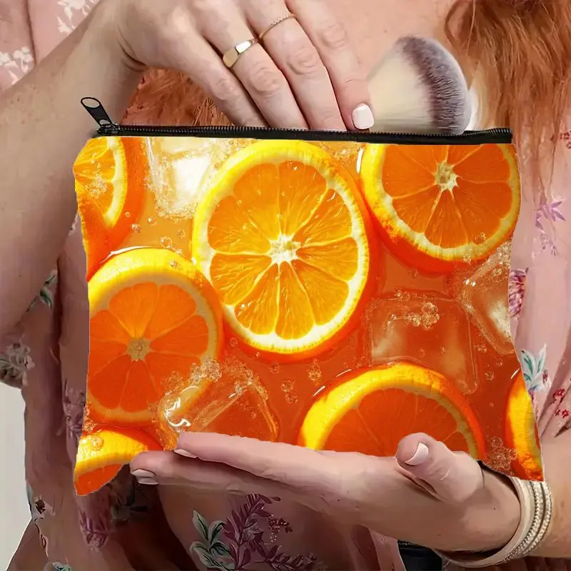 1 Piece of Makeup Bag with Vibrant Orange Slices and Ice Cube Pattern - Multifunctional Zipper Pouch for Women, Perfect Travel Zipper Storage Bag, Fun Birthday Gift