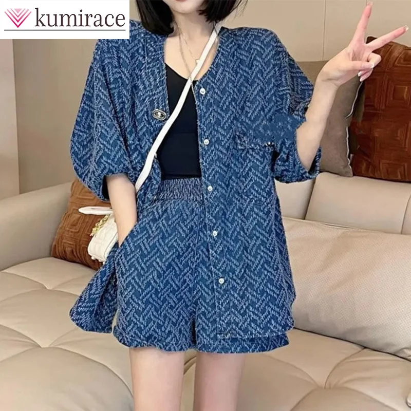 Korean Version of New Summer Casual Denim Top and Shorts Set, Loose and Stylish Two-piece Set Short Sets Baddie 2 Piece Set