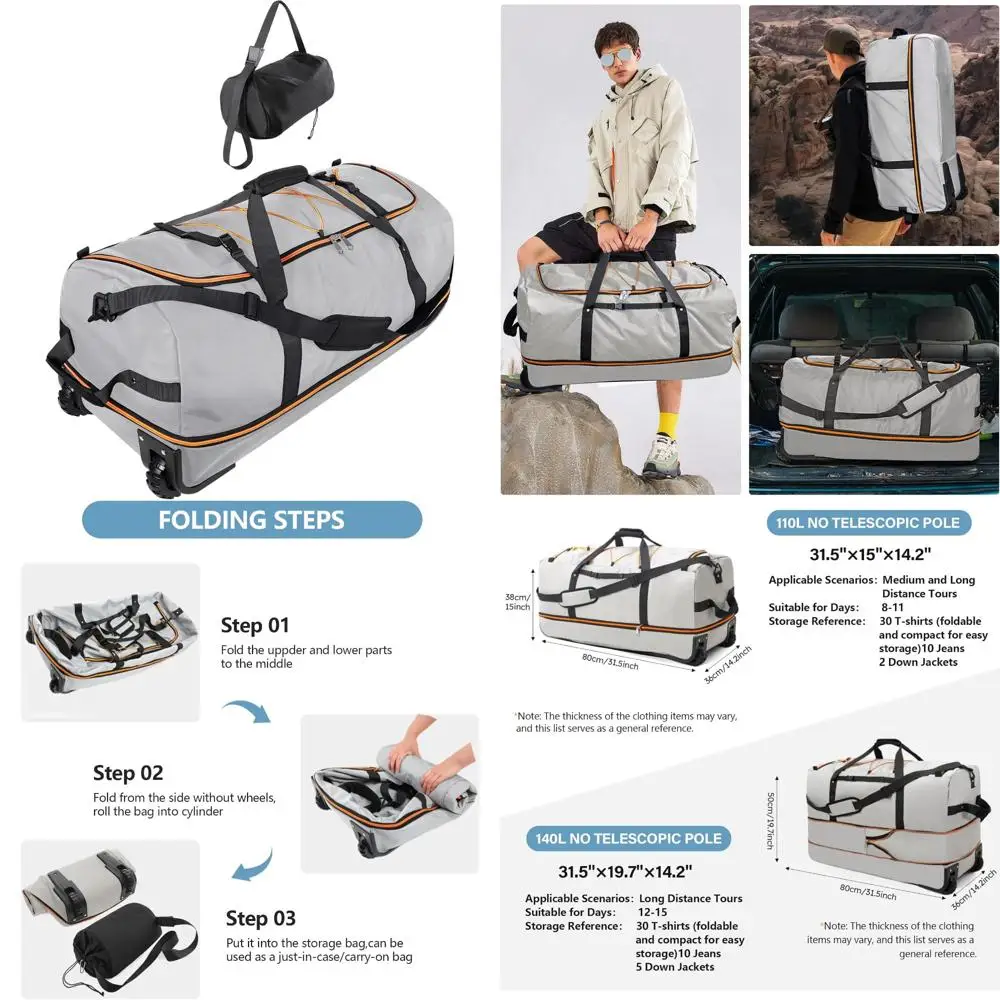 

Расширяемая мягкая дорожная сумка на колесиках, 110–140 л, с 2 колесами, серая, ткань Оксфорд 32, 1680D, складная спортивная сумка для путешествий