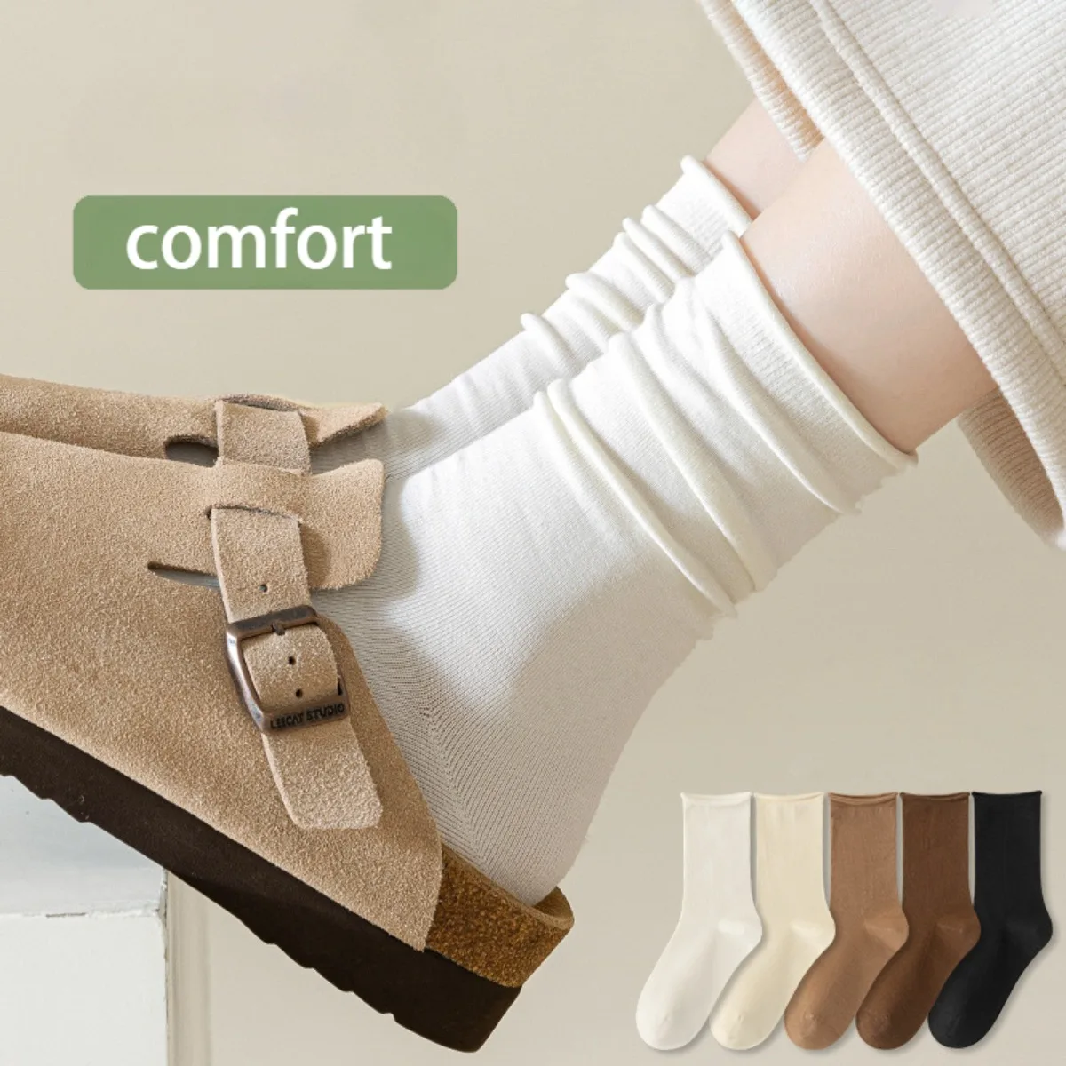 1 Pair Women's Mid Tube Stacking Socks Solid Color Flat Bottom Casual Socks White Spring and Autumn Summer Stacking Socks