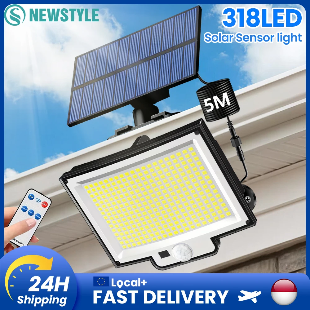 Zewnętrzne lampy solarne 318 LED, lampy bezpieczeństwa ze zdalnym sterowaniem, wodoodporne IP65, lampy solarne z czujnikiem ruchu, 3 tryby oświetlenia, akumulator solarny 1500mAh, ekologiczne i