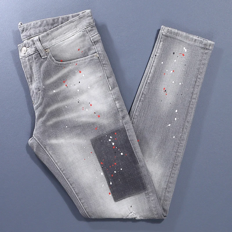 Men Light‑Grey Bleach Wash Contrast Color Patch Splatter Paint Frayed Ripped Stretch Skinny Denim Jeans Hip‑Hop Streetwear Denim