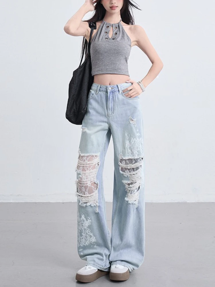 Vintage Y2K Harajuku Lace Ripped Jeans Women Low Rise Light Wash Wide Leg Denim Pants 2025 Summer Retro Grunge Girl Trousers