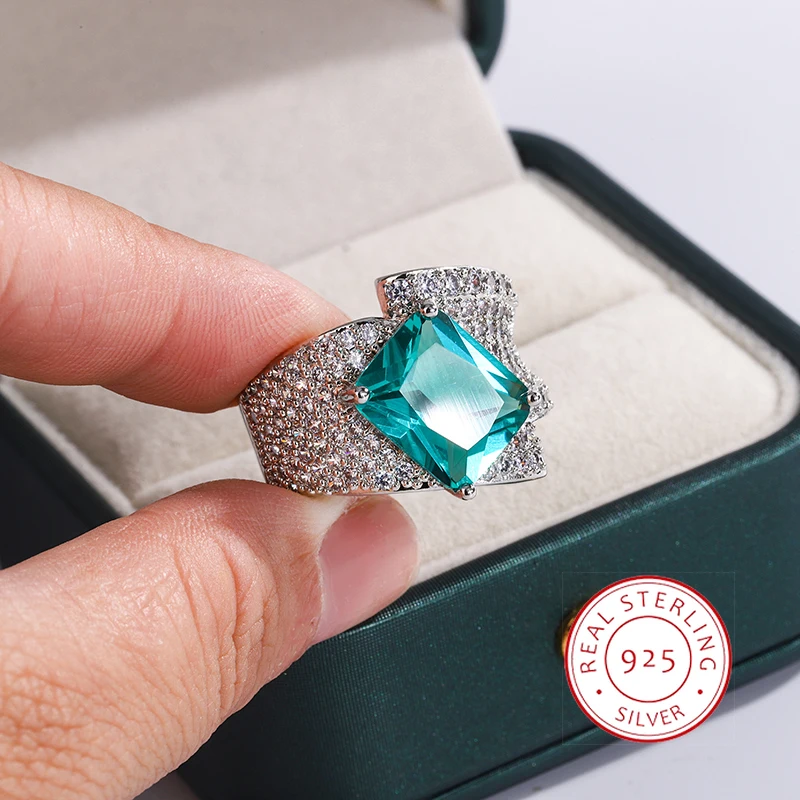 Elegant 925 Sterling Silver Ring for Women's Green Square Paraiba Zircon Ring Fashion Engagement Women's Ring Everyday Jewelry