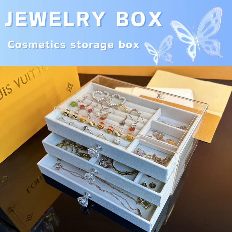 Acrylic Velvet Jewelry Organizer with 3 Drawers Stackable Display Storage Earrings Necklace Bracelets Box Holder Case for Women