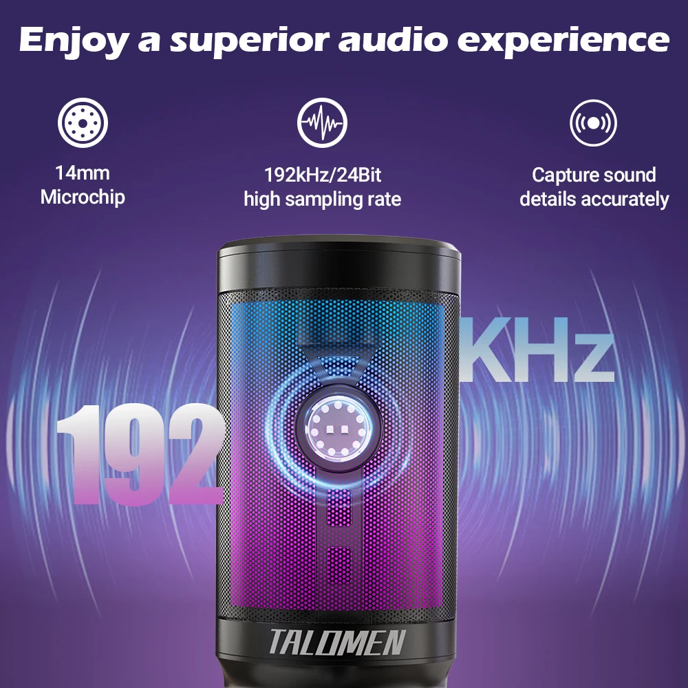 Microfono da gioco USB talomen per PC, PS4/PS5, microfono a condensatore RGB con muto rapido, controllo del guadagno, F8