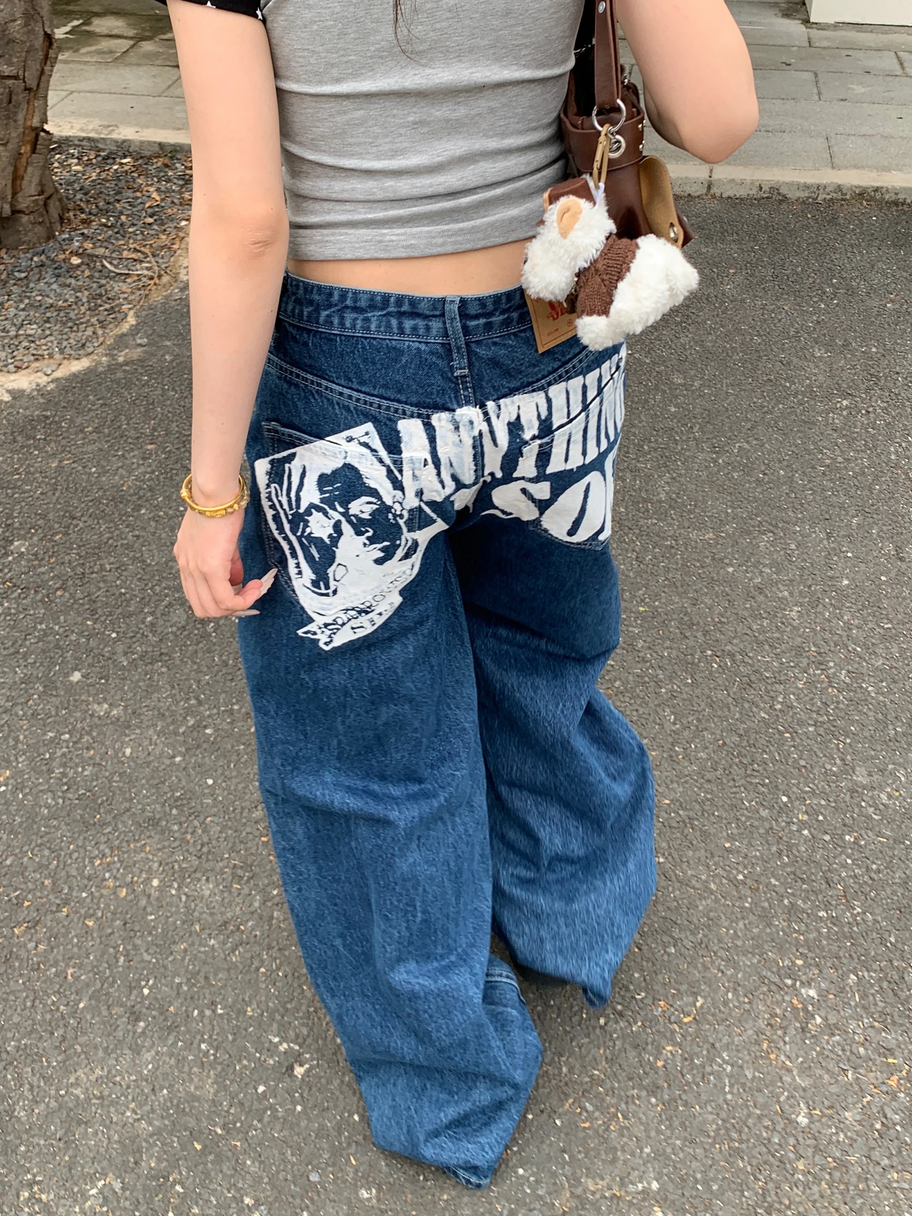 

Washed Vintage Print Jeans Loose Casual Women's Jeans Cleanfit Style Cotton Natural Waist Zipper Fly Trendy Brand