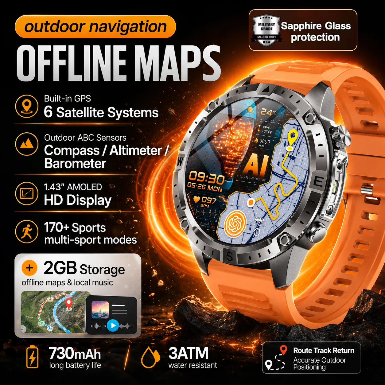 

Outdoor Navigation GPS Smartwatch Offline Maps 6 Satellite 2 GB Storage Sapphire Glass 730mAh 3ATM ABC Sensors Sports Mens Watch