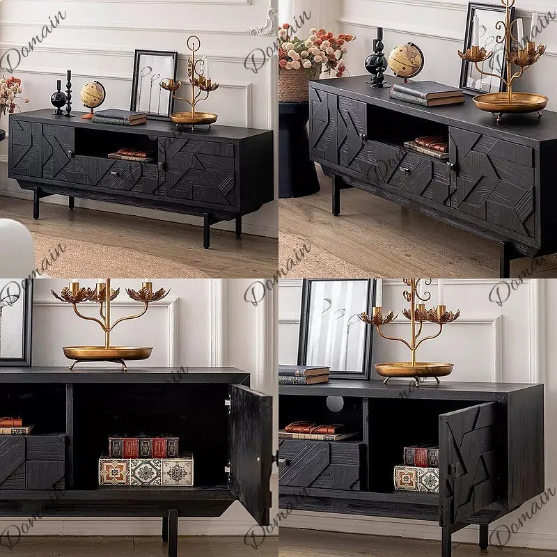 Wabi-Sabi Black Carved Floor Cabinet French Vintage TV Stand Small Living Room Storage Decor