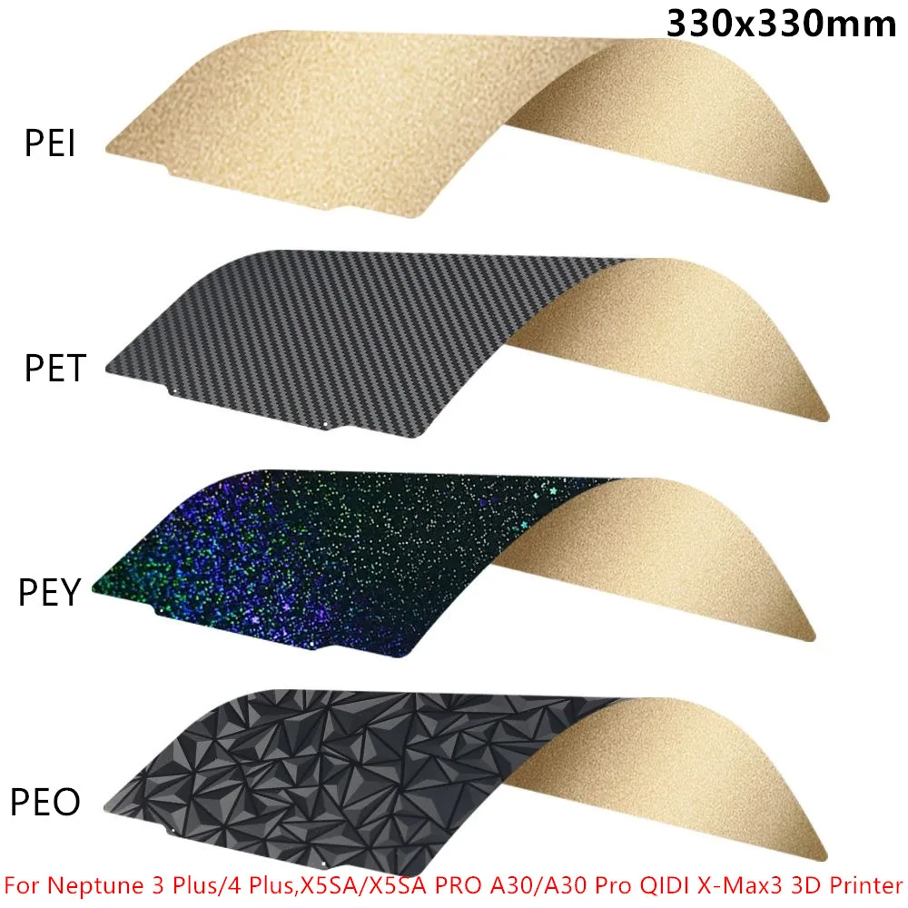 PEI Build Plate for Neptune 3 Plus/4 Plus 330x330mm Double Sided PEI PET PEO PEY Spring Steel Sheet for X5SA/A30/QIDI X-MAX 3