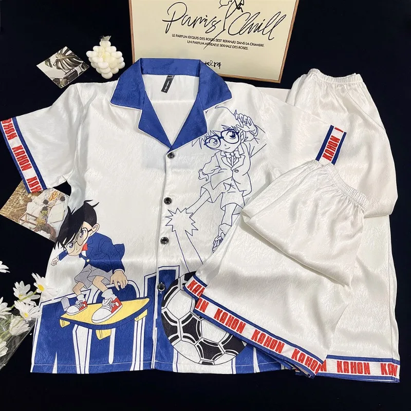 New Detective Conan anime cartoon pattern boys short sleeve pajamas creative personality cardigan loungewear three-piece gift view 2