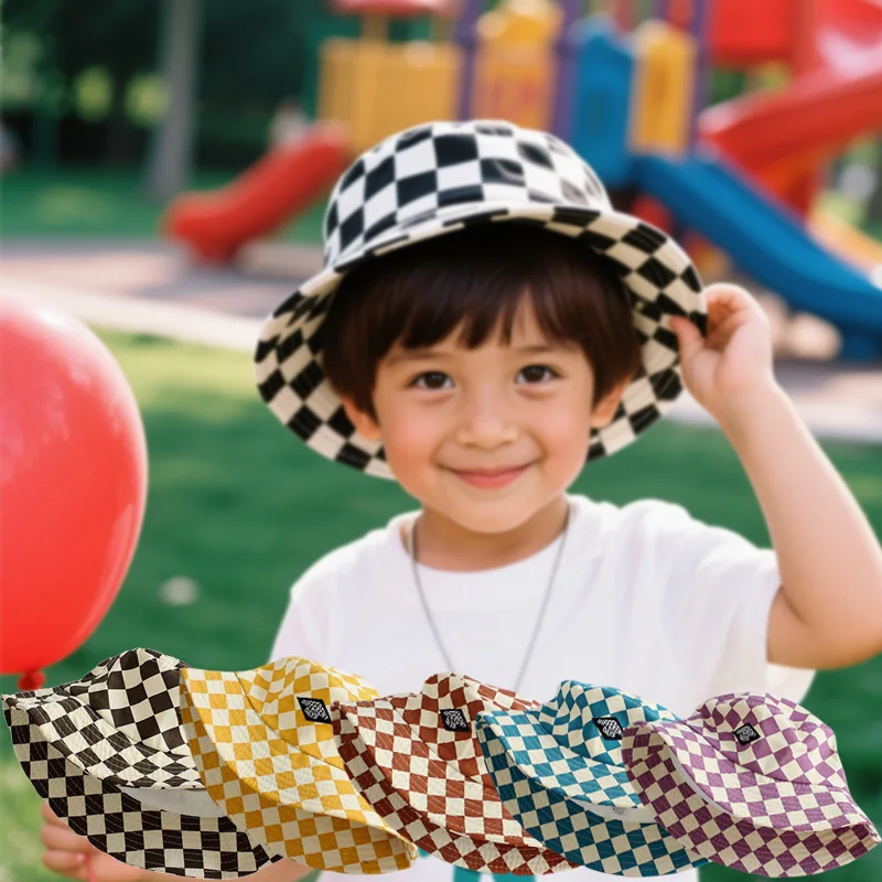 Schachbrettmuster Kinder Eimer Hut Niedlich Kariert Baby Jungen Mädchen Sonnenhut Weiche Kinder Kinder Fischer Panama Kappen Kin