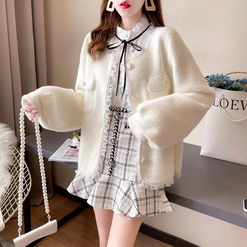 

Cardigan casual female French retro fashion o neck autumn and winter long sleeve solid mink velvet cardigan coat female tops