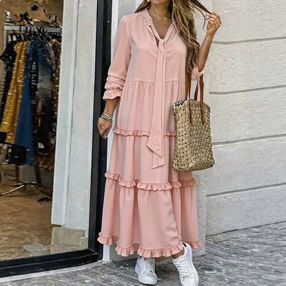 Elegant V Neck Long Sleeve Solid Color Maxi Dress Women Summer Spring Dresses Flowy Casual Midi Dress view 3