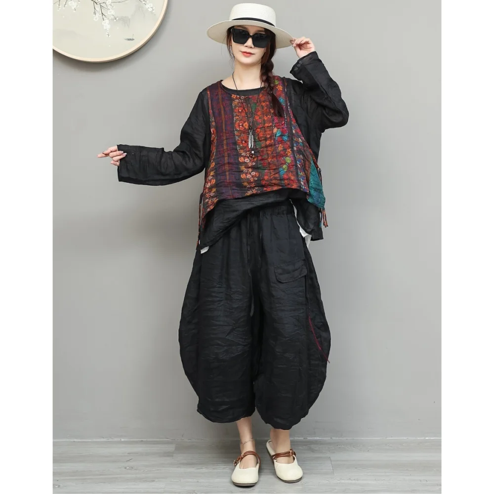

Artistic Style Lightweight Ramie Suit Women Summer Floral Short Vest + Loose Three-quarter Lantern Pants Two Piece Set XY299