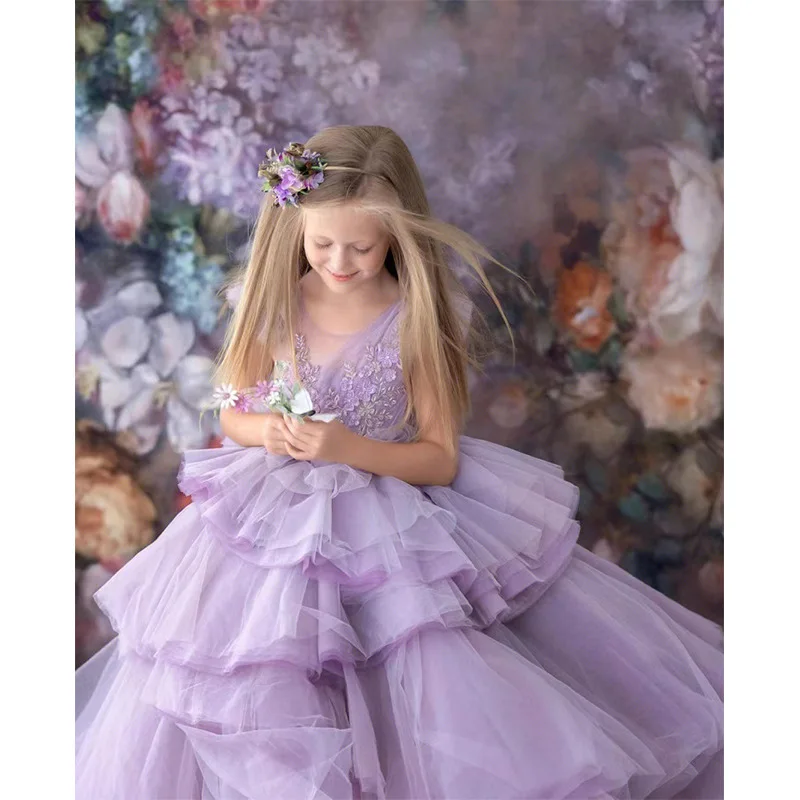 Children Princess Dress 2023 New Girls Purple Piano Prom Evening Party Dresses Formal Puffy Mesh Cake Ball Gown Kids Clothes