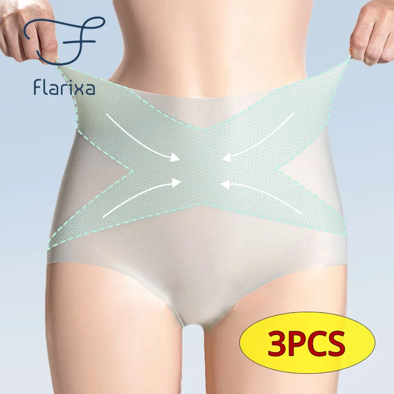 Flarixa 3PCS Seamless High Waist Panties for Women Ultra Thin Ice Silk Panties Comfort Briefs Antibacterial Underwear Underpants