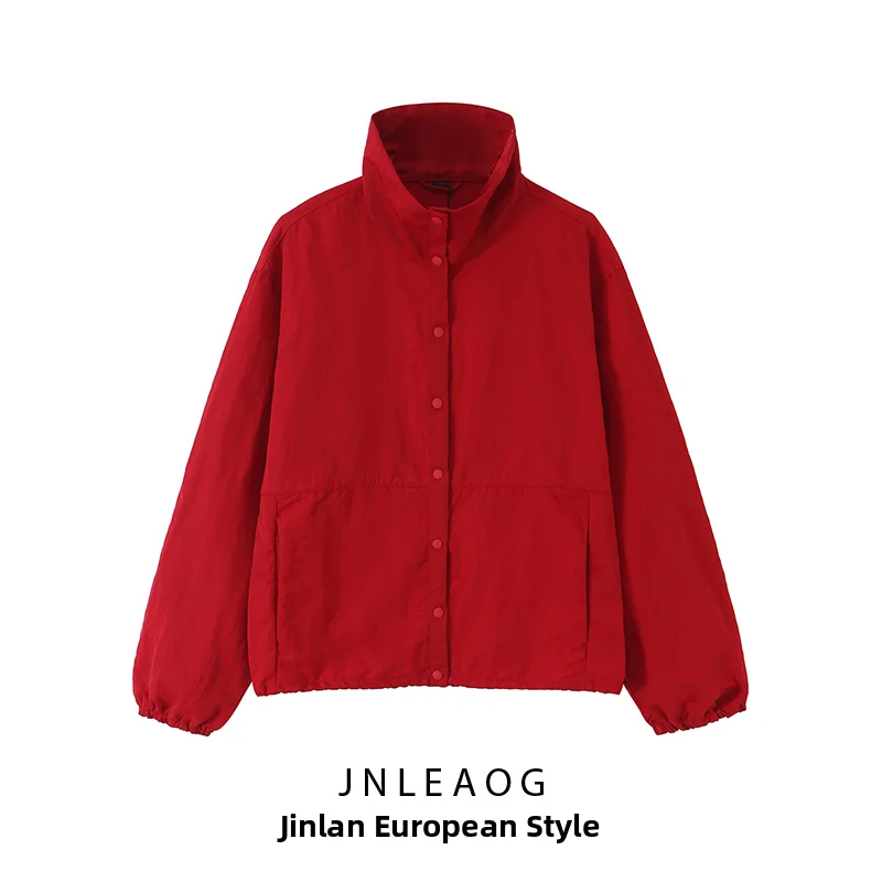 JNLEAOG Autumn New Style Women's Fashion Red Button Decorated Tech Fabric Jacket Loose Fit Long Sleeve Stand Collar Coat