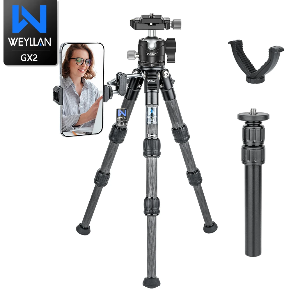 WEYLLAN Carbon Fiber Camera Tripod 360°Ball Head Lightweight Tabletop Tripod GX2 Travel Tripod V Yoke Bracket For DSLR Camera