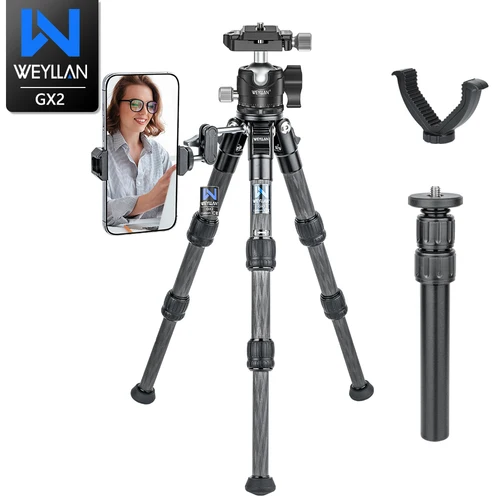 Trípode de cámara WEYLLAN de fibra de carbono 360 ° Trípode de mesa ligero con cabeza de bola, trípode de viaje GX2, soporte de yugo en V para cámara DSLR