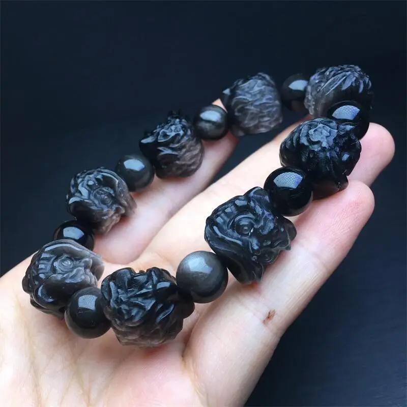 

16MM Natural Silver Obsidian Dancing Lion Head Bead Bracelet Design Stretch Polychrome Handmade Beads Healing Women Jewelry