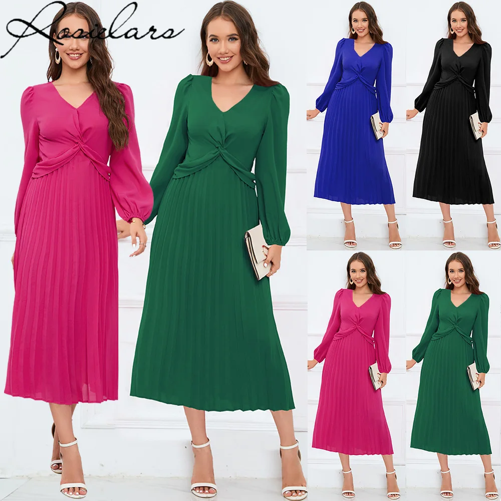 

2023 New Long Sleeve V-neck Slim Pleated Dresses Lantern Sleeve Vintage Long Dress High Waist French Elegant Women Clothing 2XL
