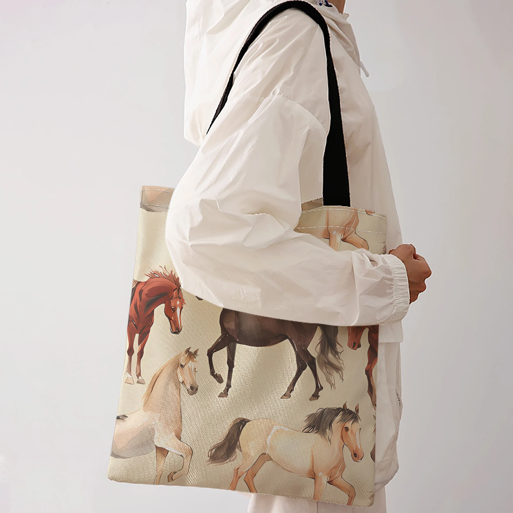 Watercolor Multi Color Horse Herd Print Tote Bag Large Capacity Shoulder Bag For Shopping Travel Daily Use