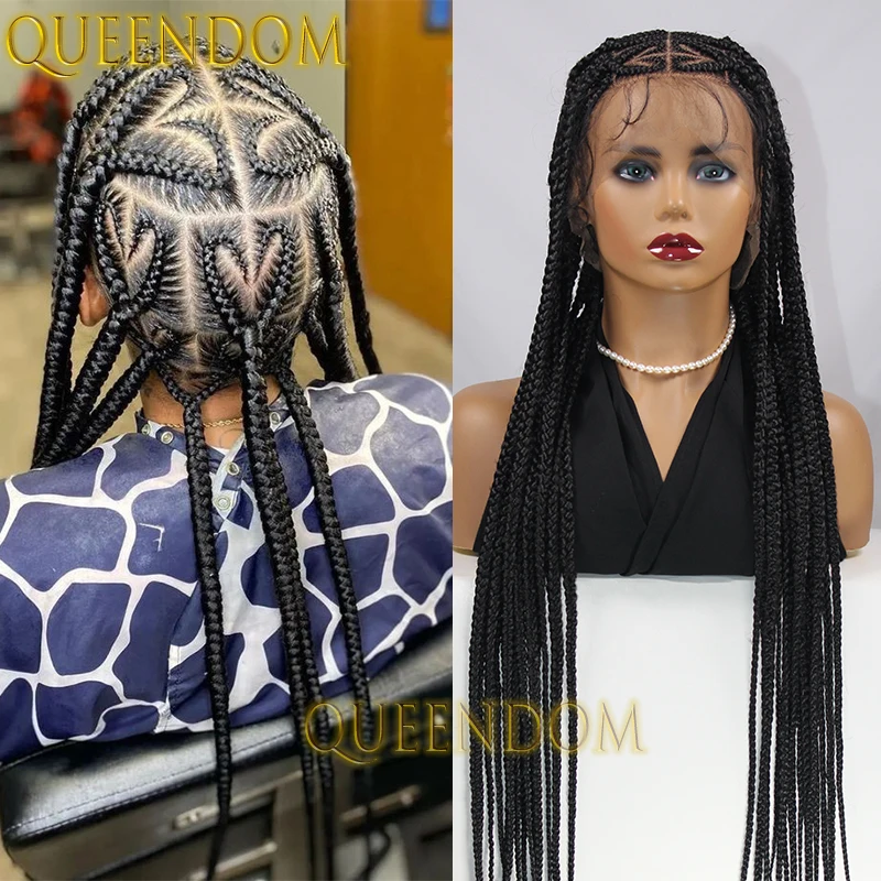 

Queendom Jumbo Synthetic Cornrow Plait Braids Wig 36 Inch Full Lace Heart Shape Braided Wig Knotless Box Braid Lace Frontal Wig