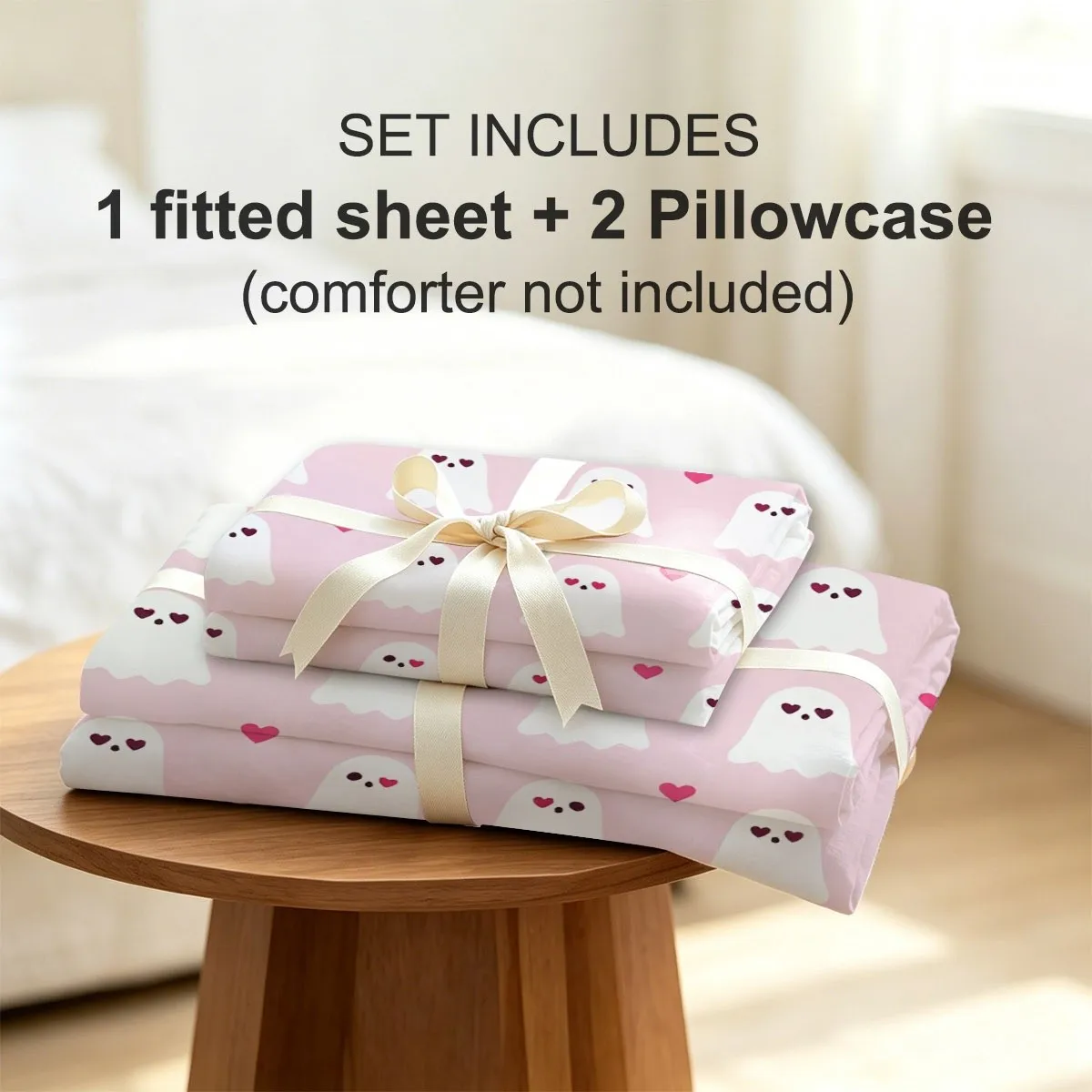 Playful Little Heart Design Light Pink Base 2D Digital Print Three-Piece Bedding Set (Includes 1 Fitted Sheet + 2 Pillowcases) 3-Piece Set, Large Deep Pocket 2D Printed Fitted Sheet and 2 Pillowcases Bedding Mattress Protector, Fitted Style with Elastic Band, Protective Cover, Mattress Protector, Machine Washable Design, Holiday Decoration, Various Sizes, Breathable Protective Cover Plus Pillowcase