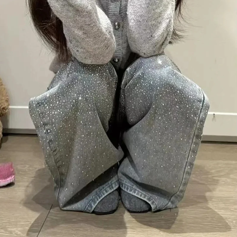 Women Bling Rhinestone Jeans Y2K Baggy Wide Leg Denim Pants Embellished Loose Fit High Waist Streetwear Long Trousers