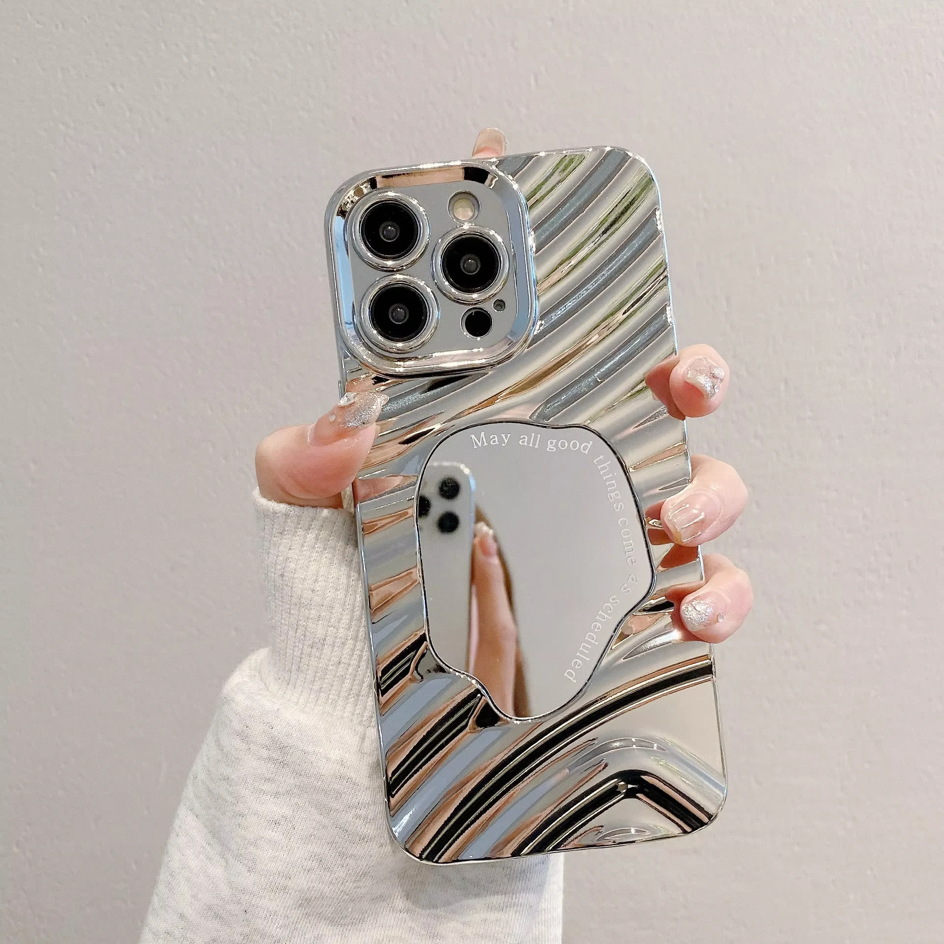 Wave Cosmetic Mirror Phone Case For iPhone 14 16 15 17 Pro 13 12 11 Pro Max Air Stylish Silver Electroplated Protective Cover view 4