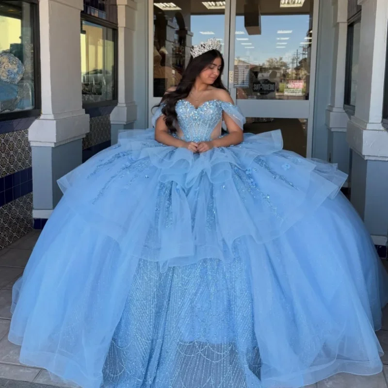 

Blue Quinceanera Dresses Off the Shoulder Glitter Crystal Decal Layering Long tail Bow Vestido e 15 Quinceanera Anos Sweet 16